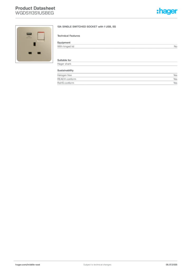 Image Hager Product data sheet WGDS113S1USBEG  | Hager