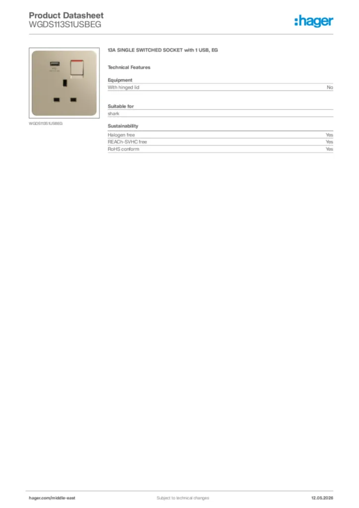 Image Hager Product data sheet WGDS113S1USBEG  | Hager
