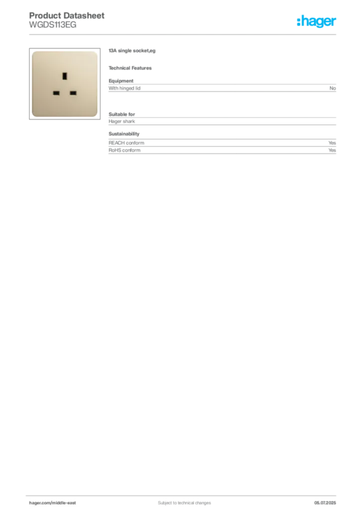 Image Hager Product data sheet WGDS113EG  | Hager