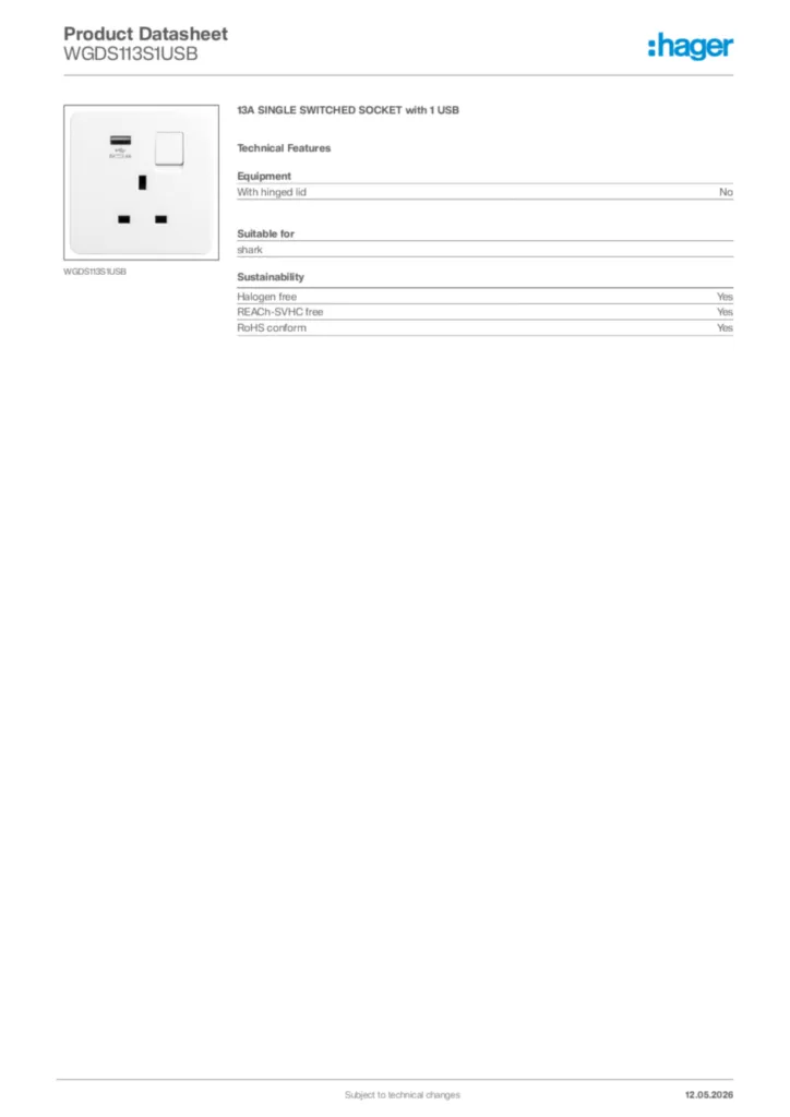Image Hager Product data sheet WGDS113S1USB  | Hager