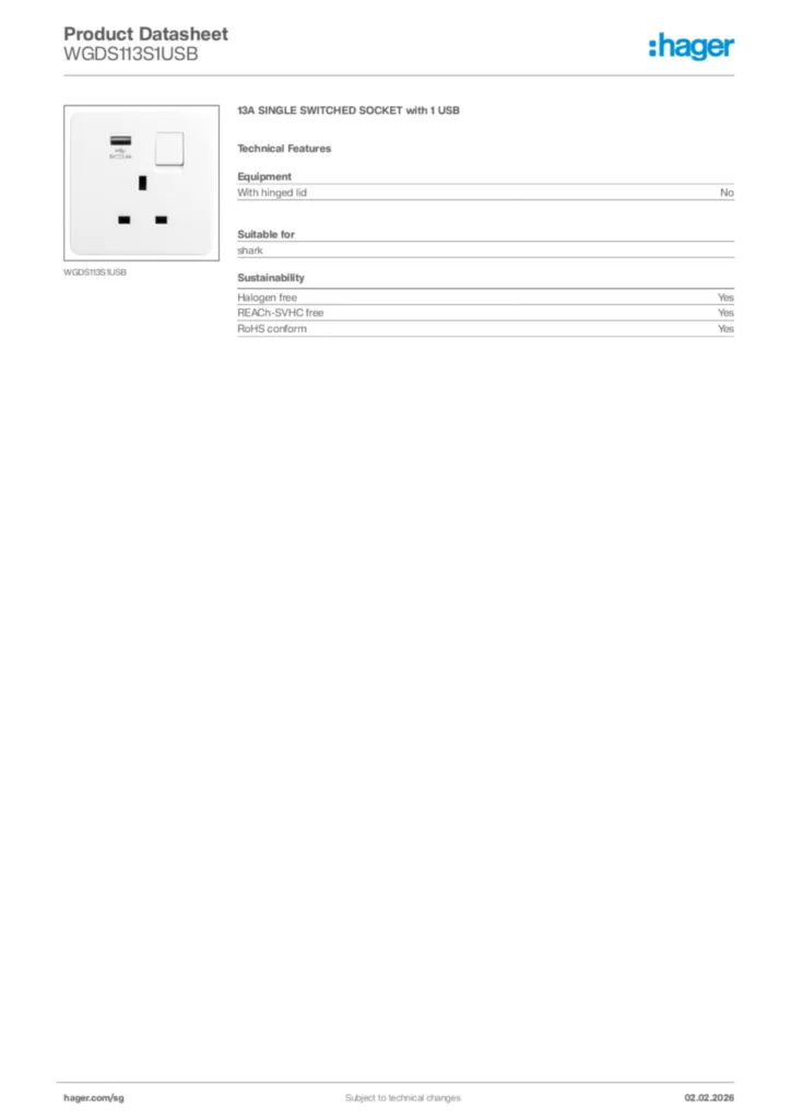 Image Hager Product data sheet WGDS113S1USB  | Hager