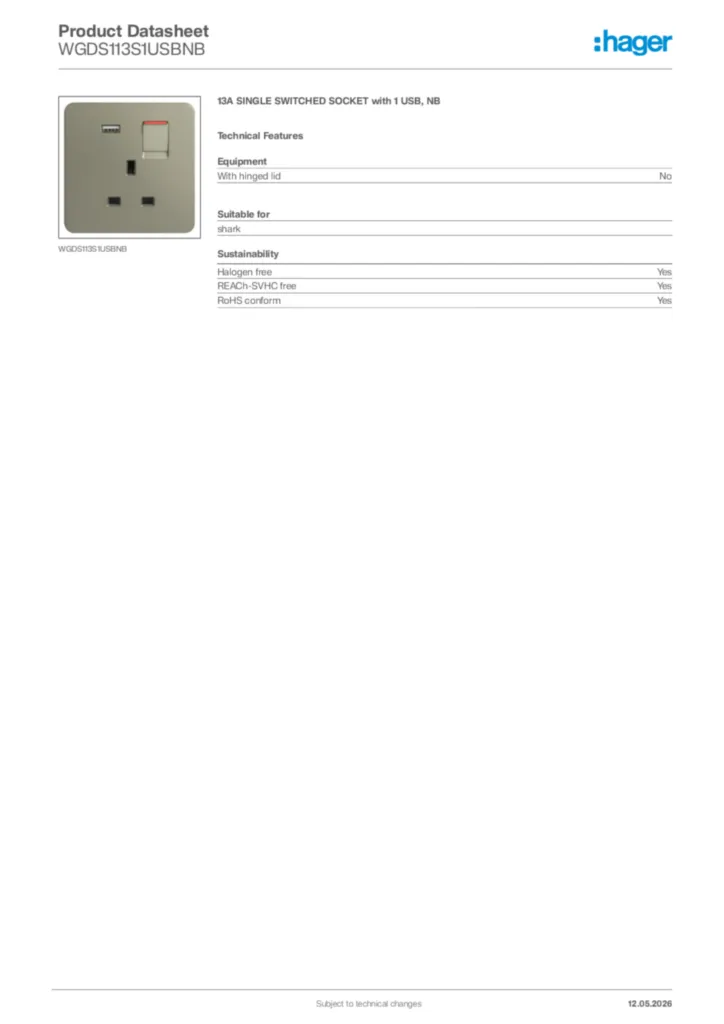 Image Hager Product data sheet WGDS113S1USBNB  | Hager