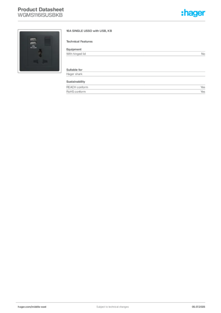 Image Hager Product data sheet WGMS116ISUSBKB  | Hager