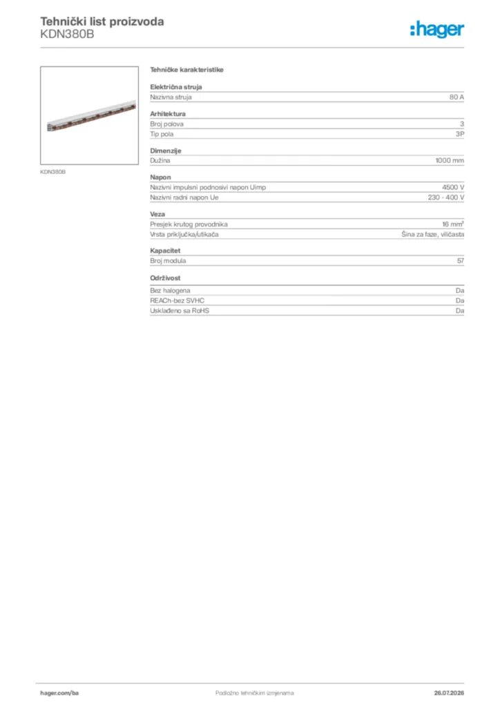 Slika Hager Tehnički list proizvoda KDN380B  | Hager