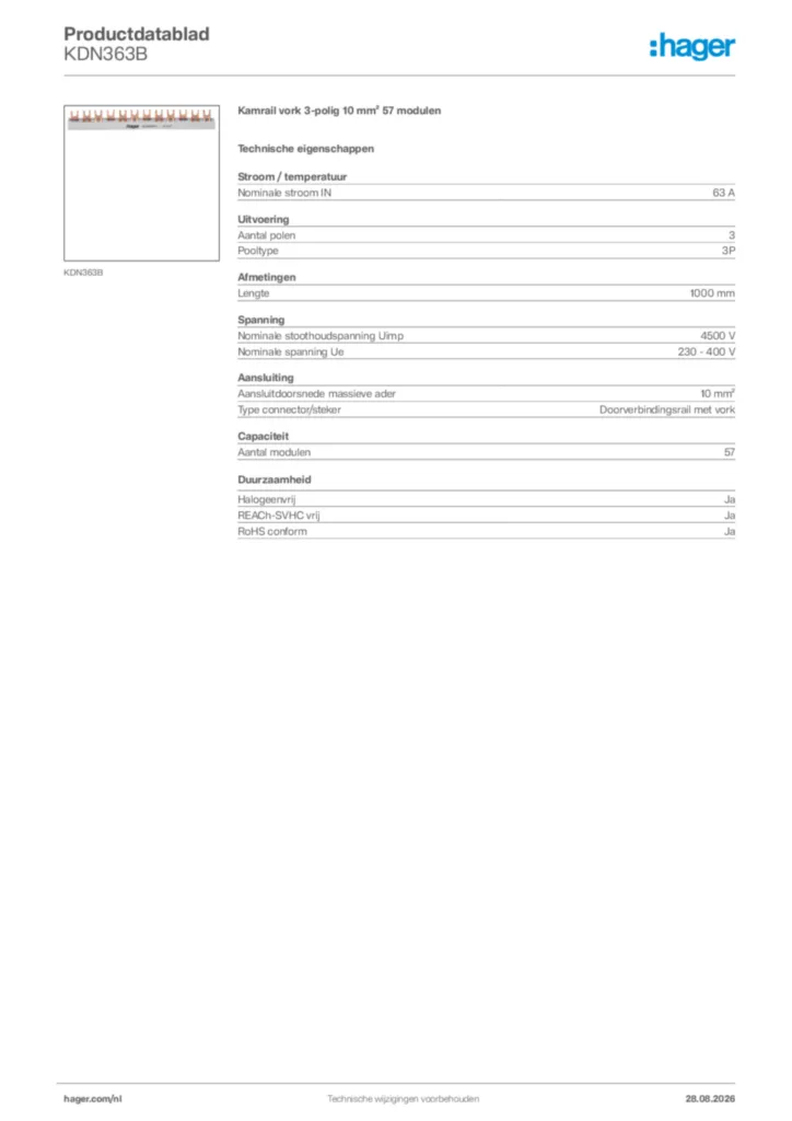 Afbeelding Hager Productdatablad KDN363B | Hager Nederland