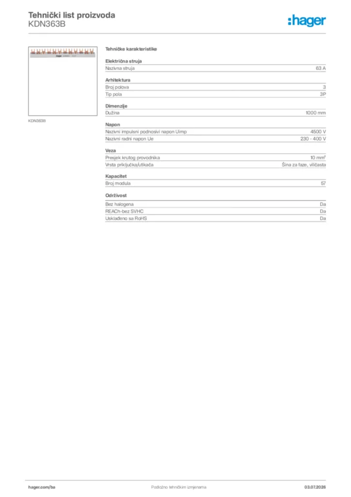 Slika Hager Tehnički list proizvoda KDN363B  | Hager