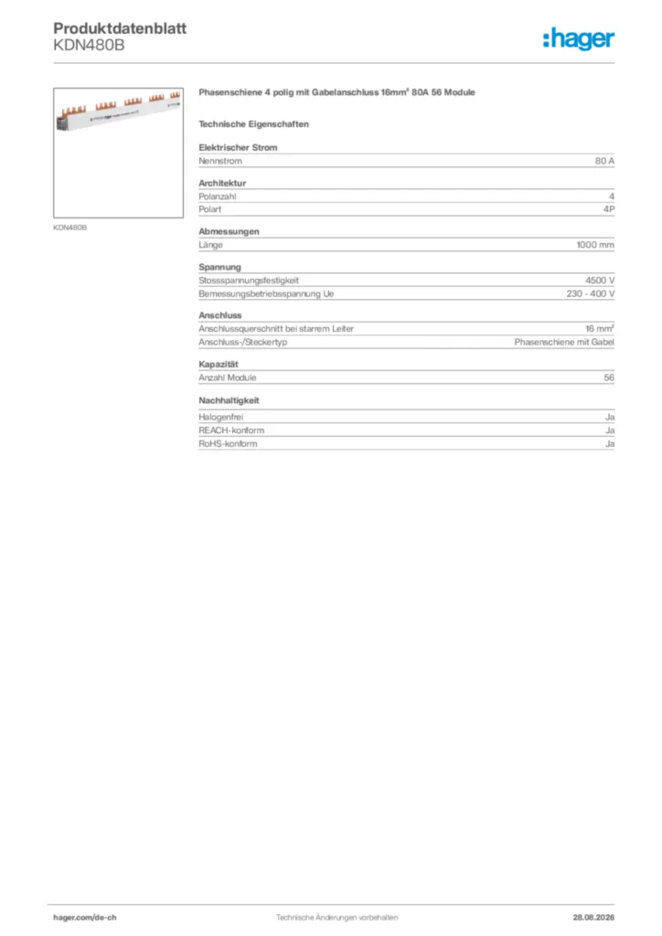 Bild Hager Produktdatenblatt KDN480B | Hager Schweiz