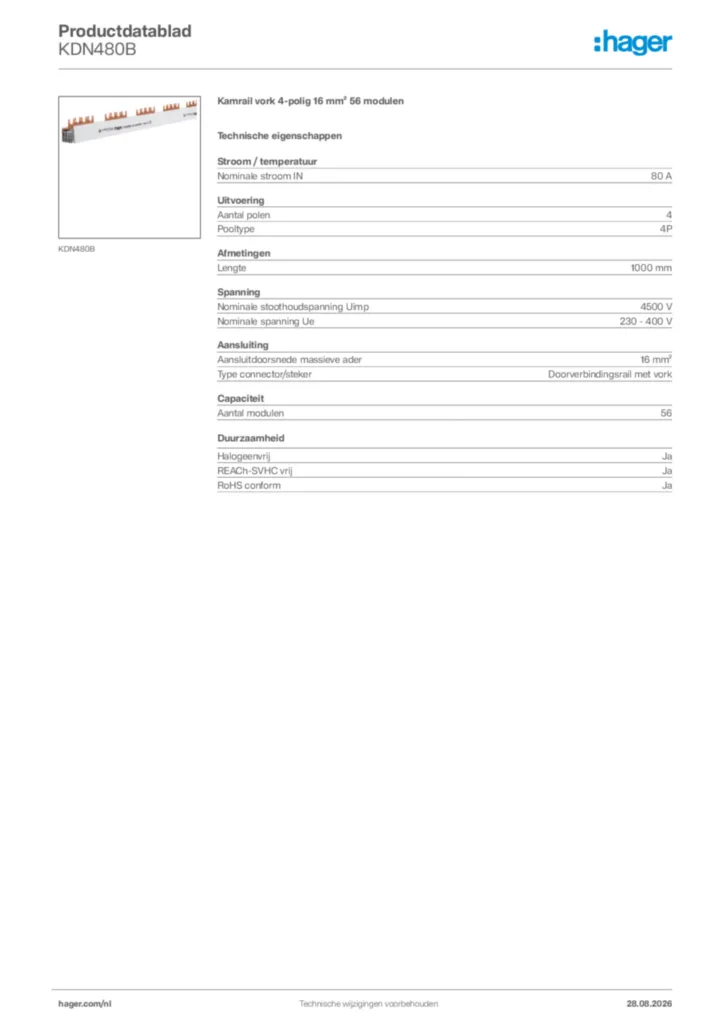 Afbeelding Hager Productdatablad KDN480B | Hager Nederland