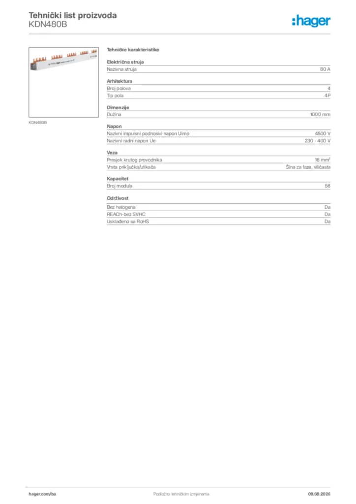 Slika Hager Tehnički list proizvoda KDN480B  | Hager