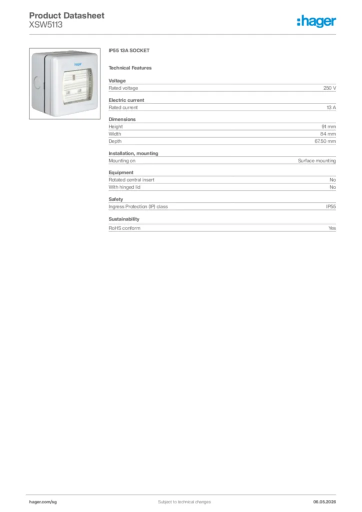 Image Hager Product data sheet XSW5113  | Hager