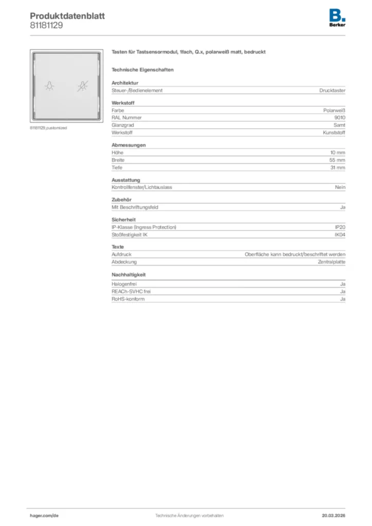 Bild Berker Produktdatenblatt 81181129 | Hager Deutschland