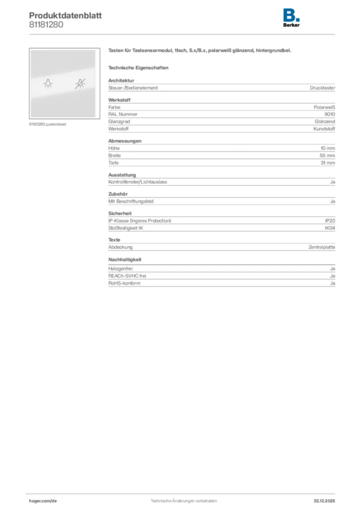 Bild Berker Produktdatenblatt 81181280 | Hager Deutschland