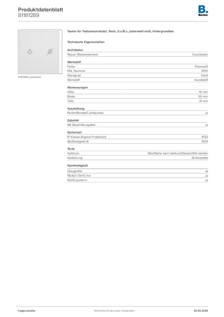 Bild Berker Produktdatenblatt 81181289 | Hager Deutschland