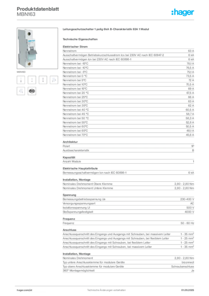 Bild Hager Produktdatenblatt MBN163 | Hager Deutschland