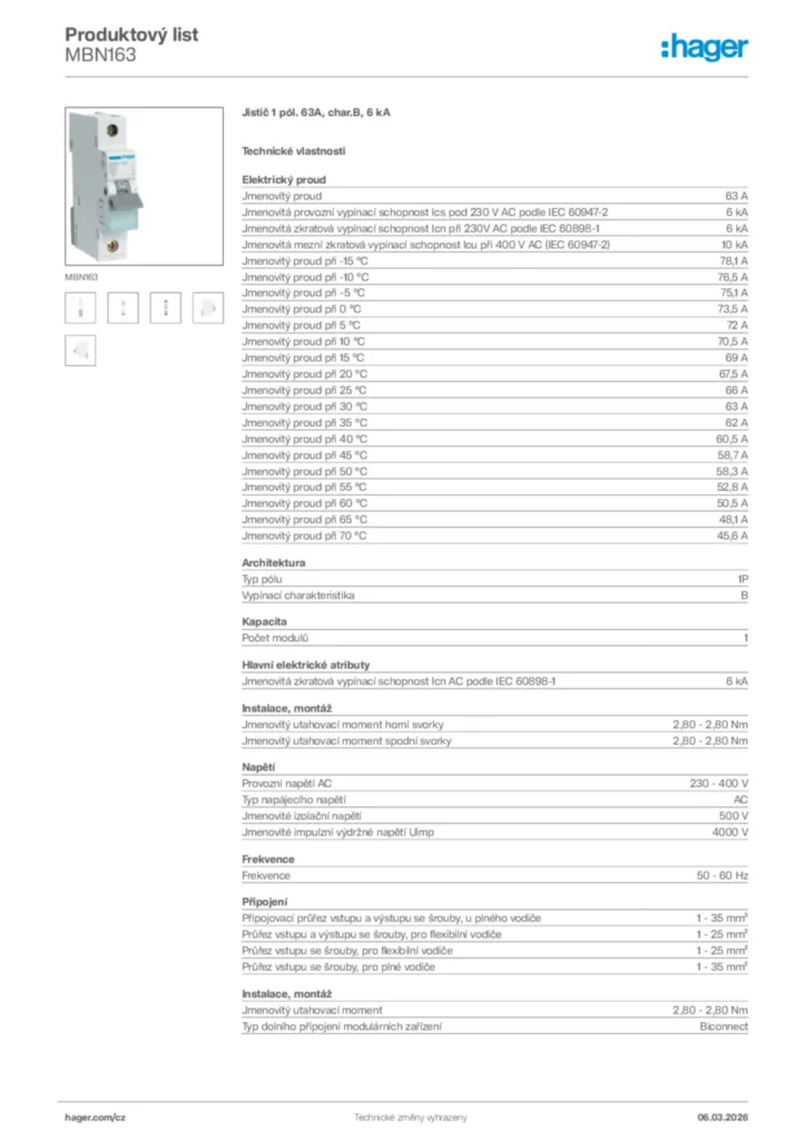Obrázek Hager Product data sheet MBN163 | Hager