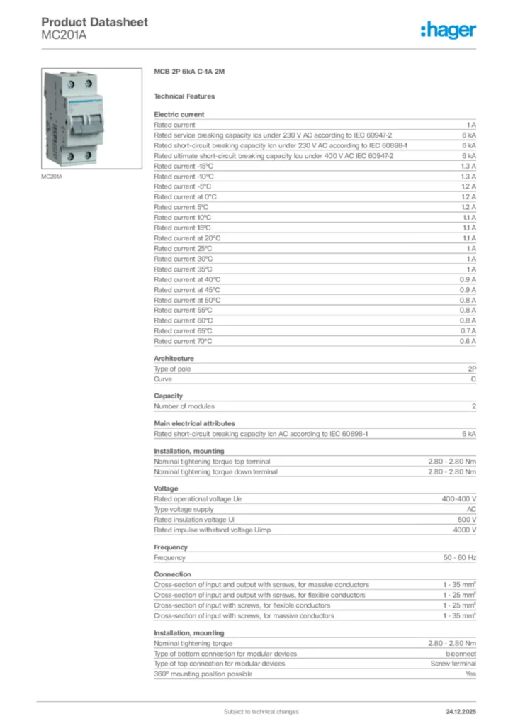 Image Hager Product data sheet MC201A  | Hager Africa