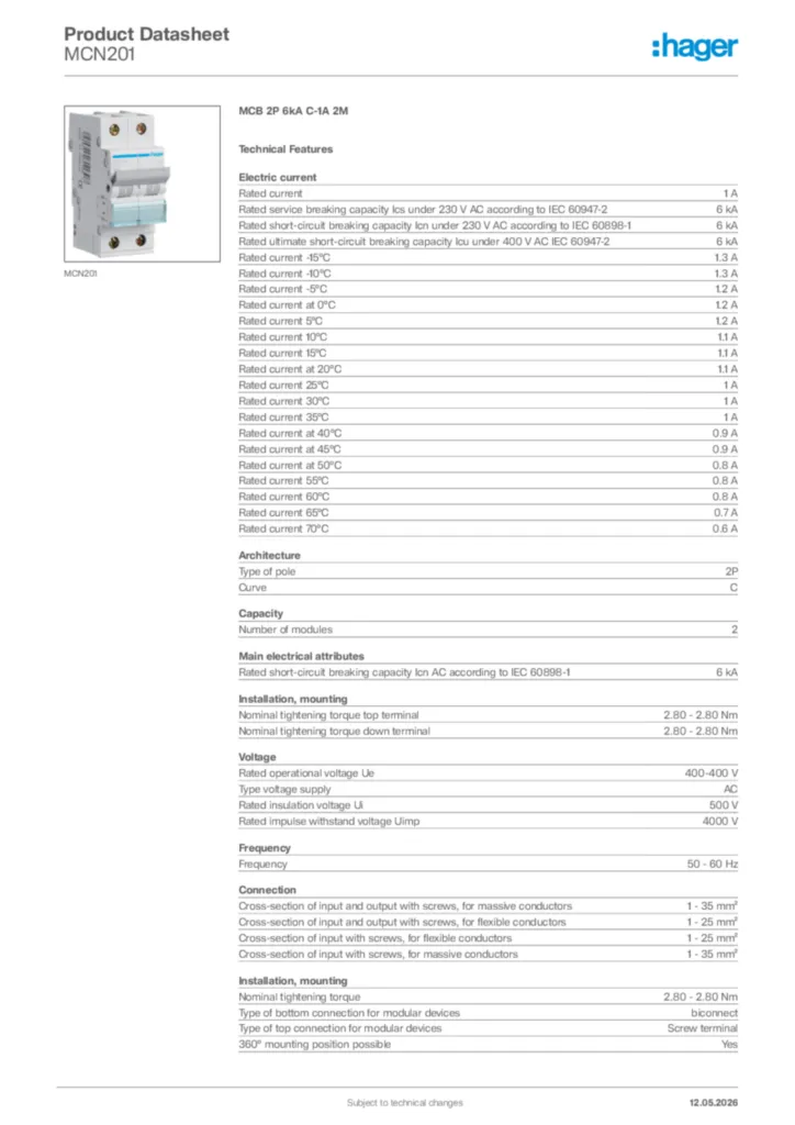 Image Hager Product data sheet MCN201  | Hager Africa