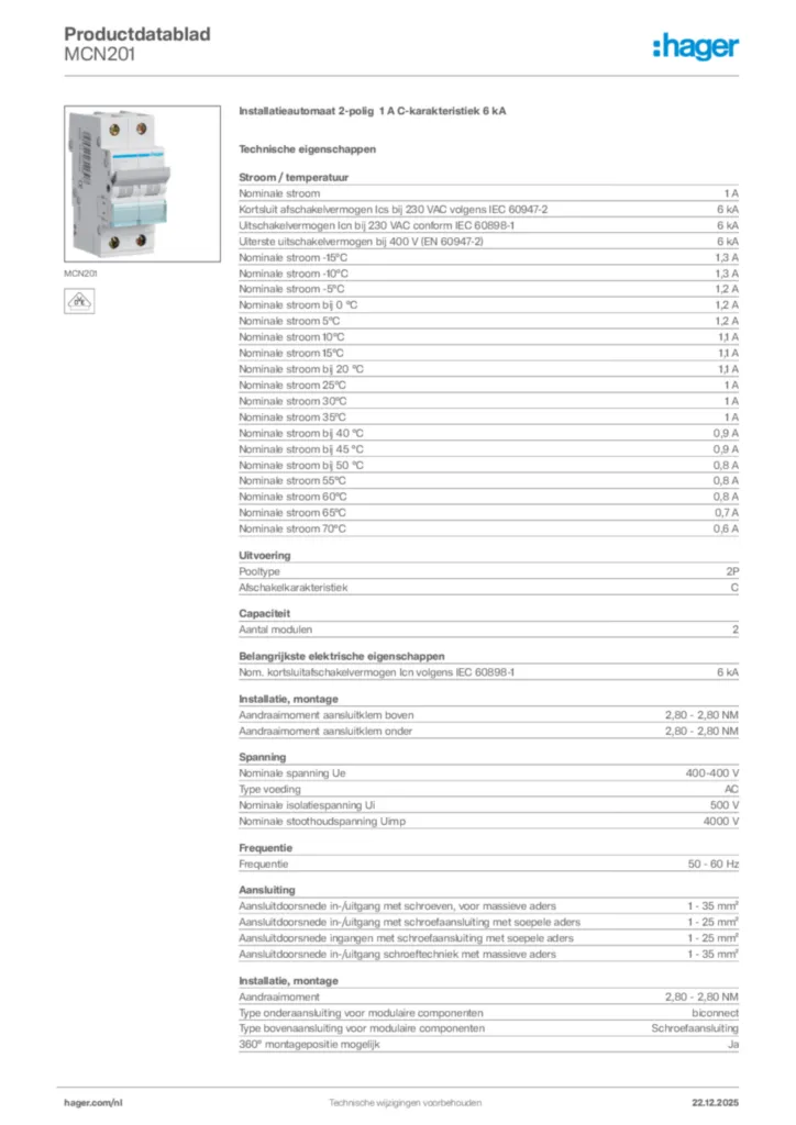 Afbeelding Hager Productdatablad MCN201 | Hager Nederland