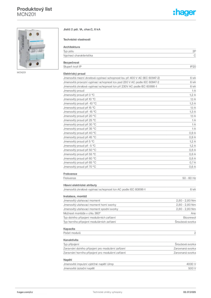 Obrázek Hager Product data sheet MCN201 | Hager