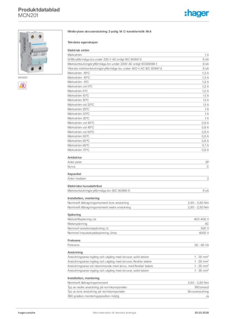 Bild Hager Produktdatablad MCN201 | Hager Sverige