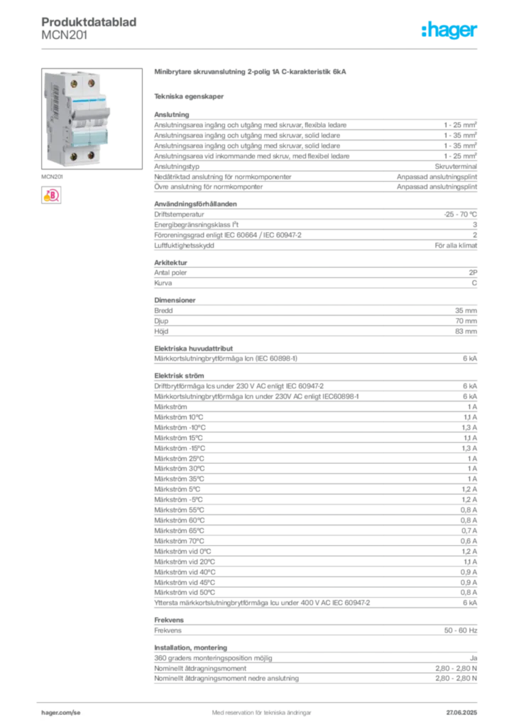 Bild Hager Produktdatablad MCN201 | Hager Sverige