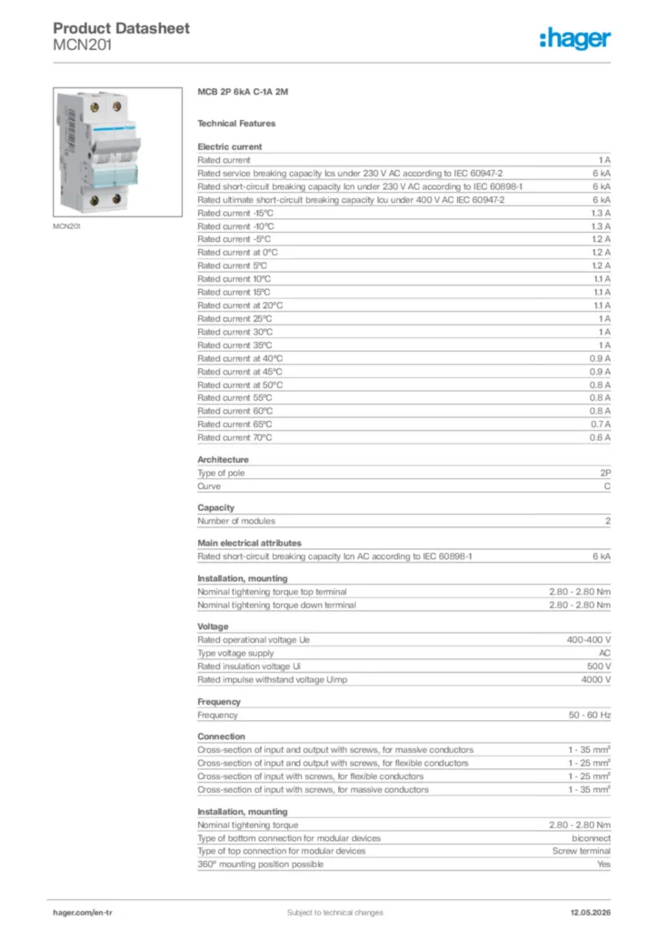 Image Hager Product data sheet MCN201  | Hager