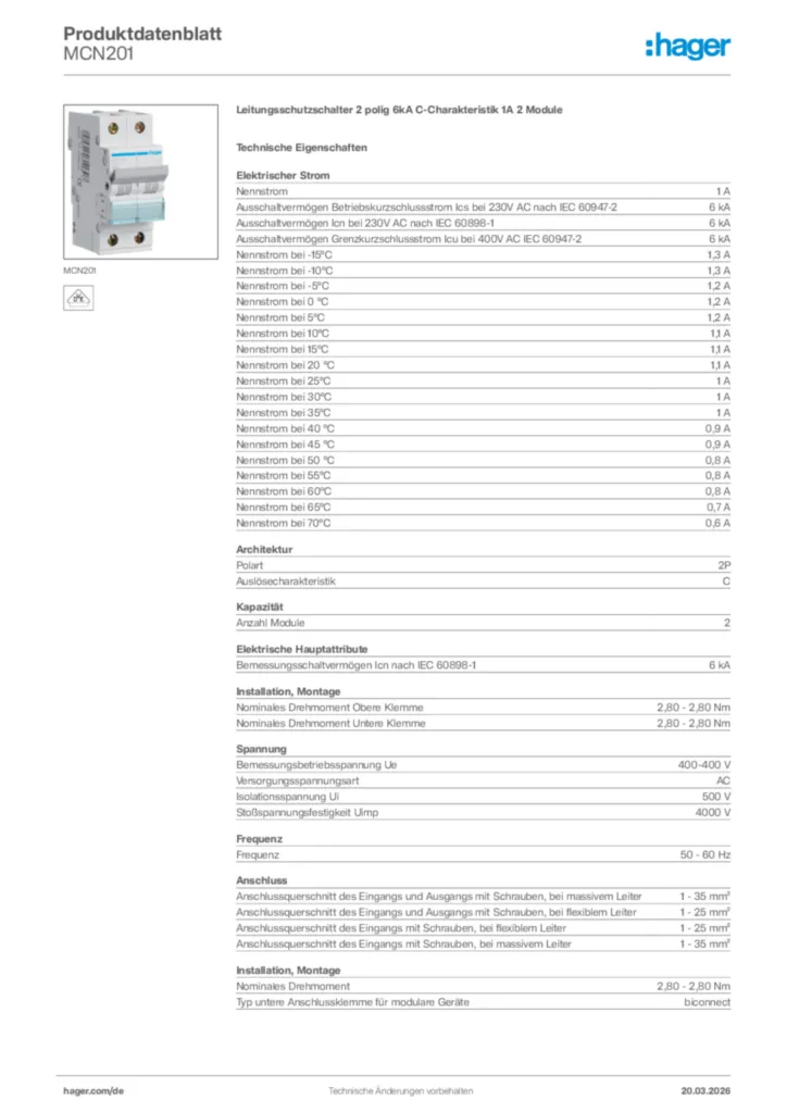 Bild Hager Produktdatenblatt MCN201 | Hager Deutschland