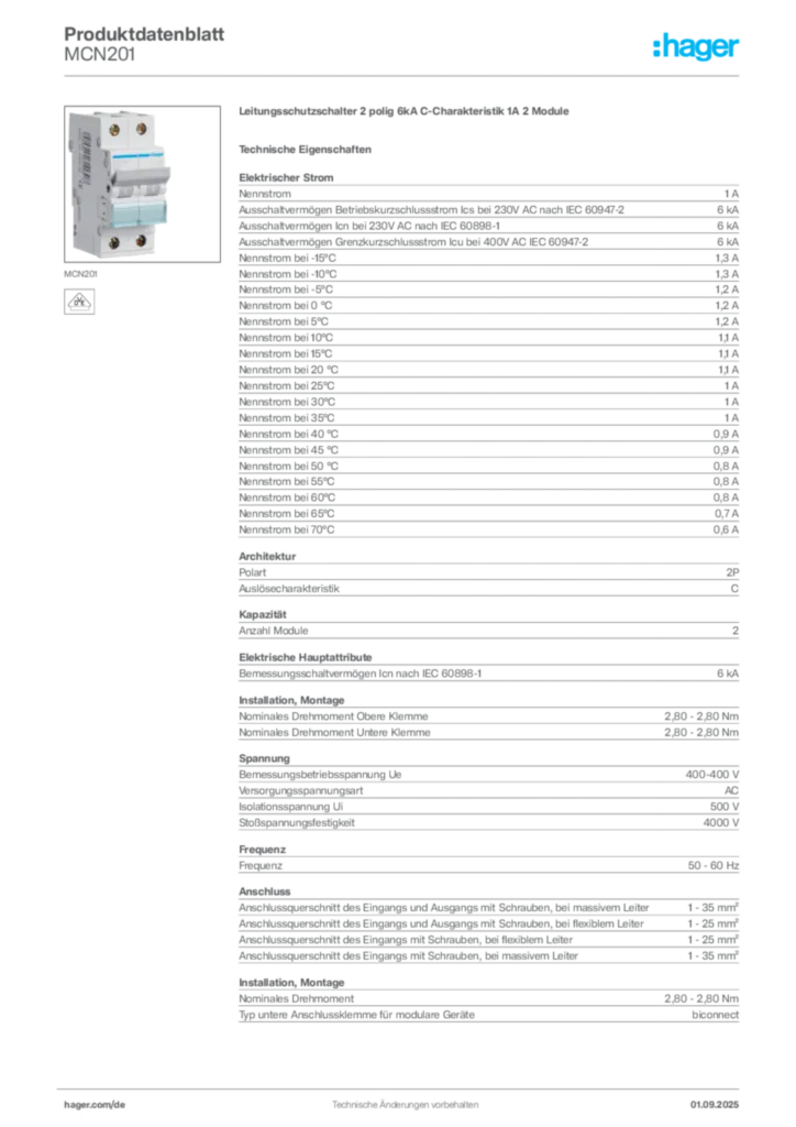 Bild Hager Produktdatenblatt MCN201 | Hager Deutschland