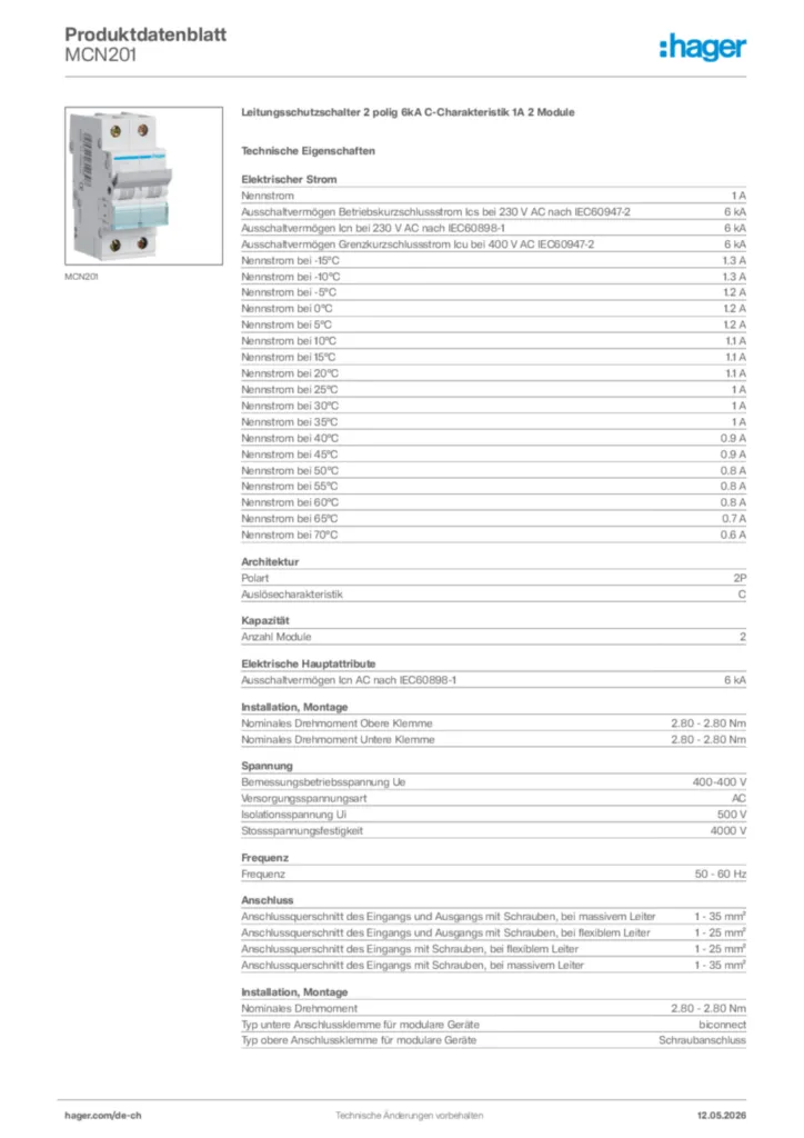 Bild Hager Produktdatenblatt MCN201 | Hager Schweiz