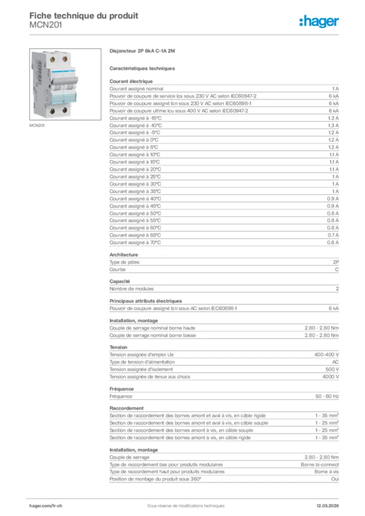 Image Hager Fiche technique du produit MCN201 | Hager Suisse