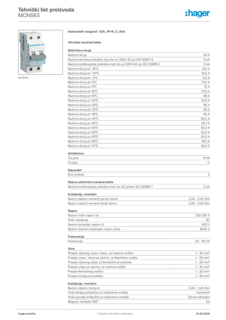 Slika Hager Tehnički list proizvoda MCN563  | Hager