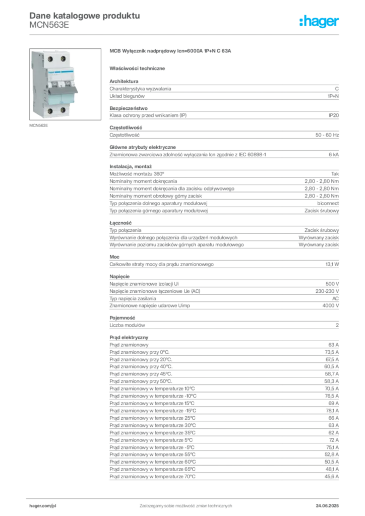 Zdjęcie Hager Dane katalogowe produktu MCN563E | Hager Polska