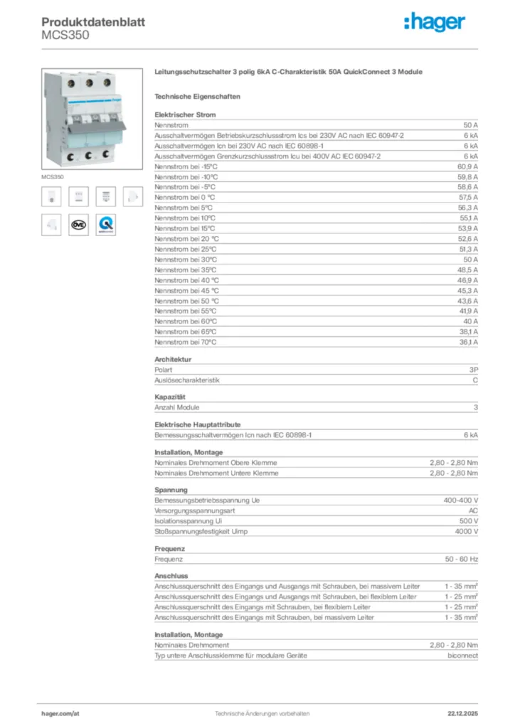 Bild Hager Produktdatenblatt MCS350 | Hager Deutschland