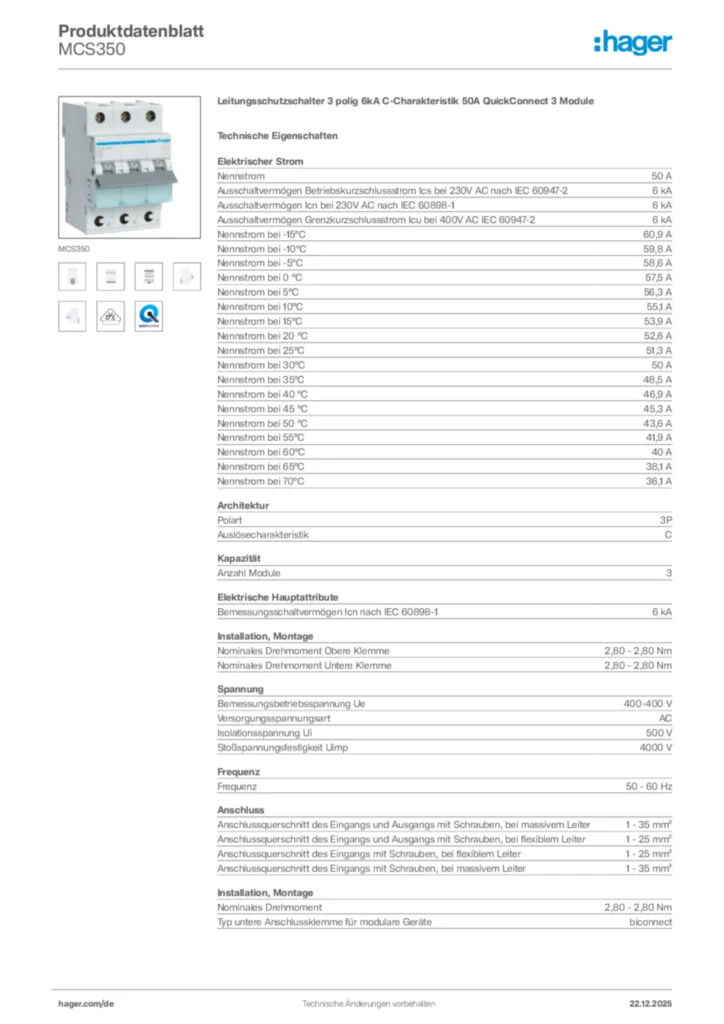 Bild Hager Produktdatenblatt MCS350 | Hager Deutschland
