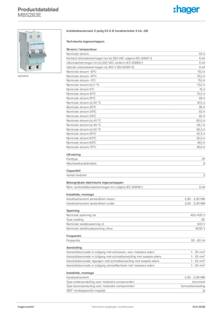 Afbeelding Hager Productdatablad MBS263E | Hager Nederland
