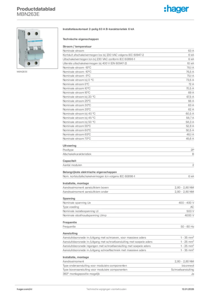 Afbeelding Hager Productdatablad MBN263E | Hager Nederland