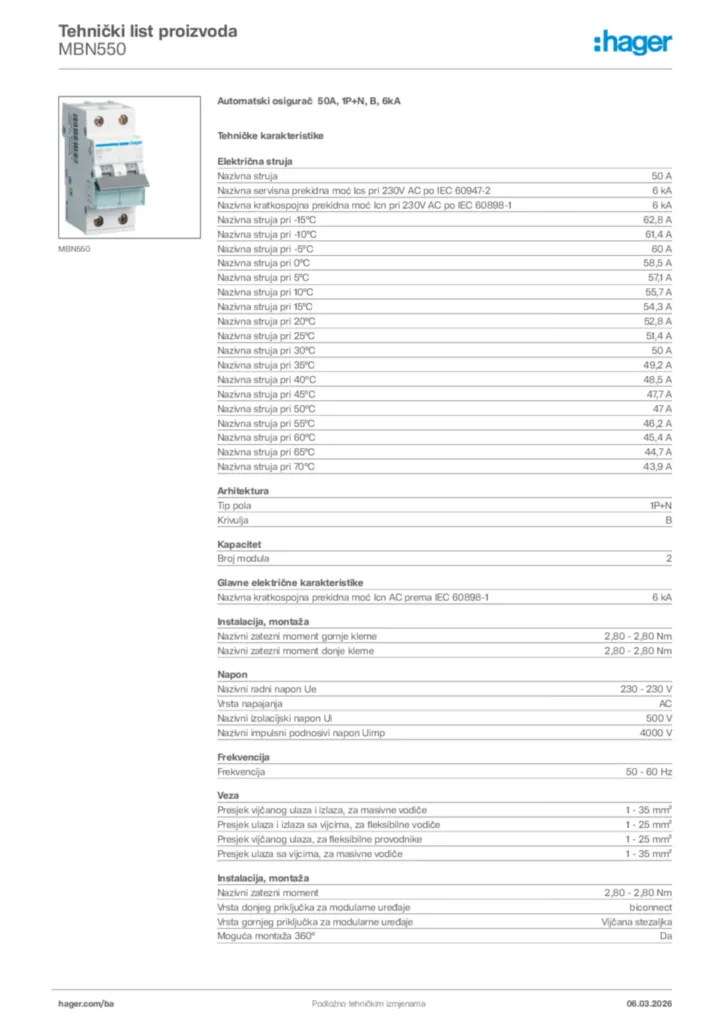 Slika Hager Tehnički list proizvoda MBN550  | Hager