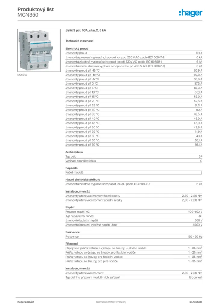 Obrázek Hager Product data sheet MCN350 | Hager