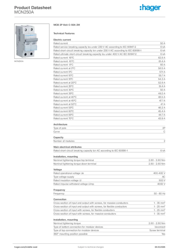 Image Hager Product data sheet MCN250A  | Hager