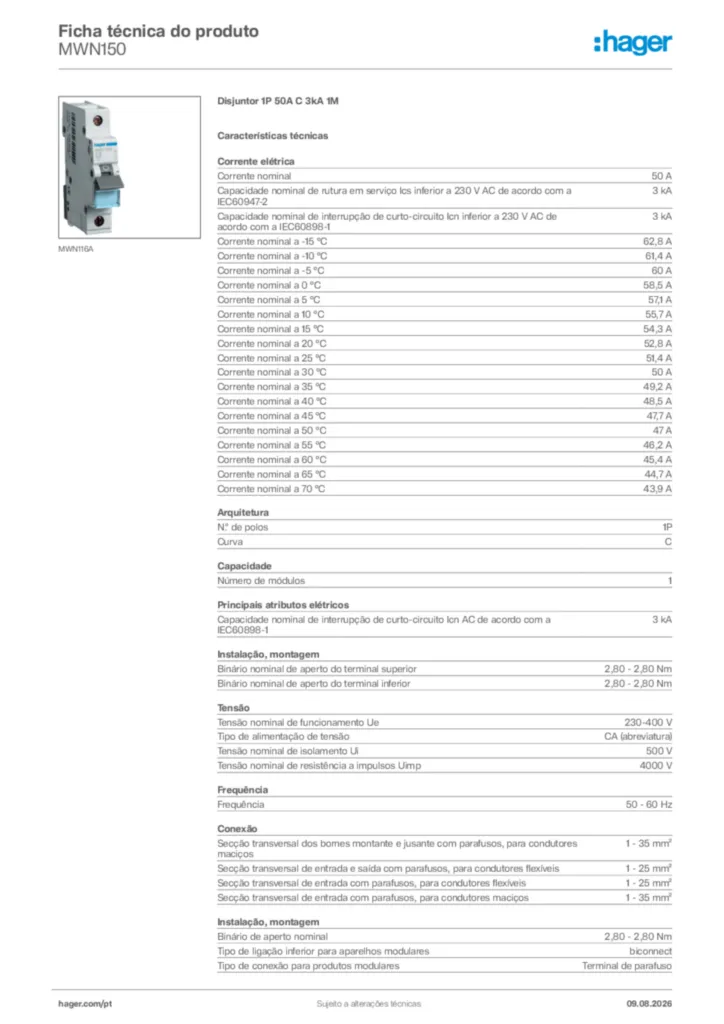 Imagem Hager Ficha técnica do produto MWN150 | Hager Portugal