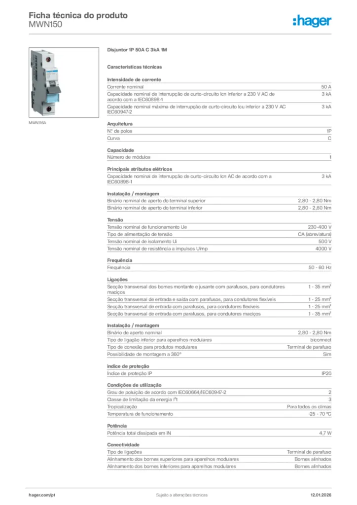 Imagem Hager Ficha técnica do produto MWN150 | Hager Portugal