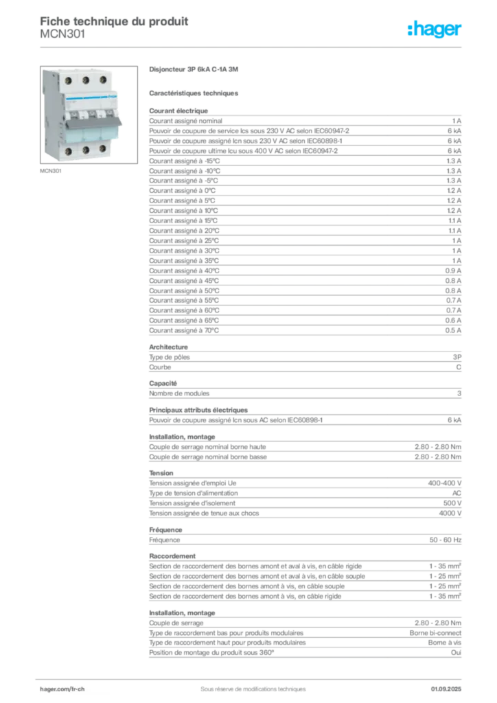 Image Hager Fiche technique du produit MCN301 | Hager Suisse