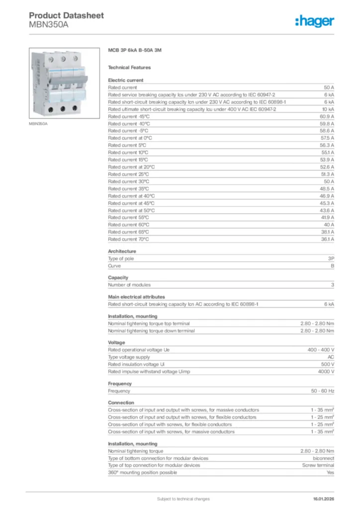 Image Hager Product data sheet MBN350A  | Hager Africa
