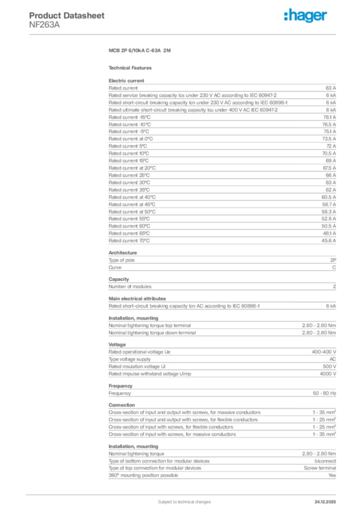 Image Hager Product data sheet NF263A  | Hager Africa