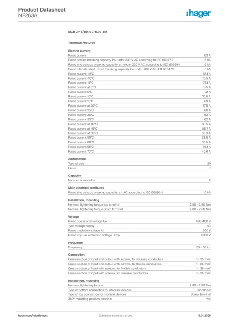 Image Hager Product data sheet NF263A  | Hager