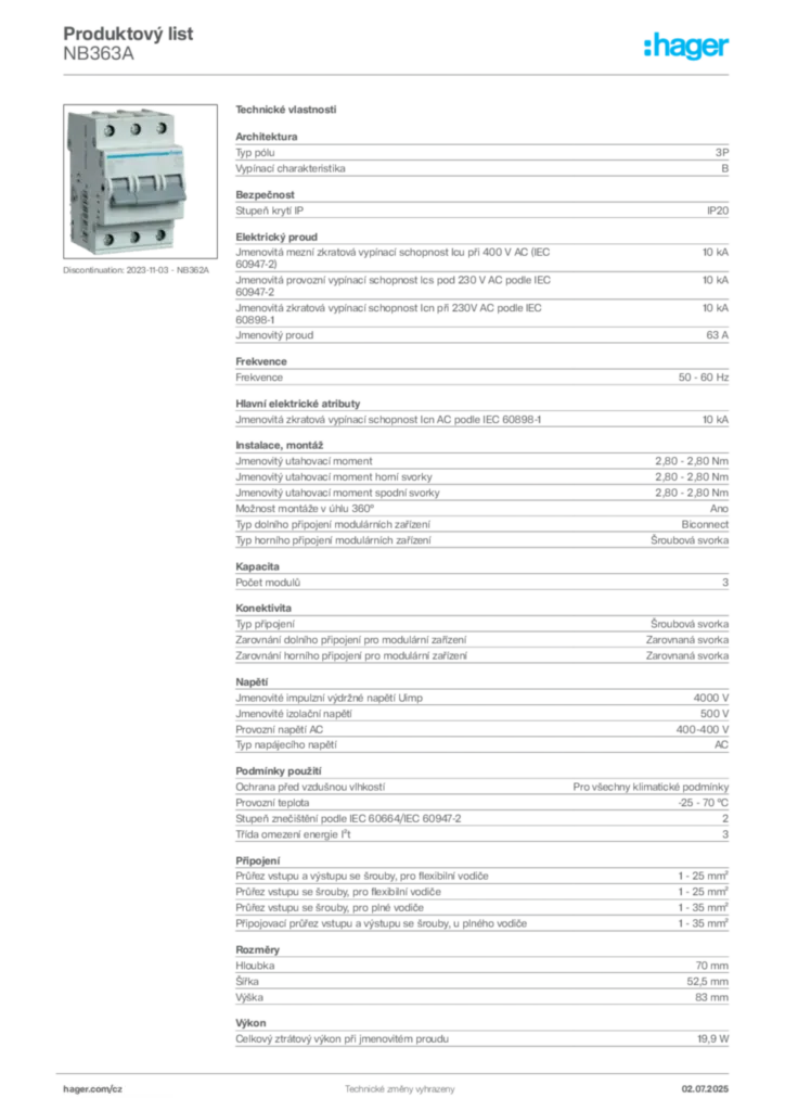Obrázek Hager Product data sheet NB363A | Hager