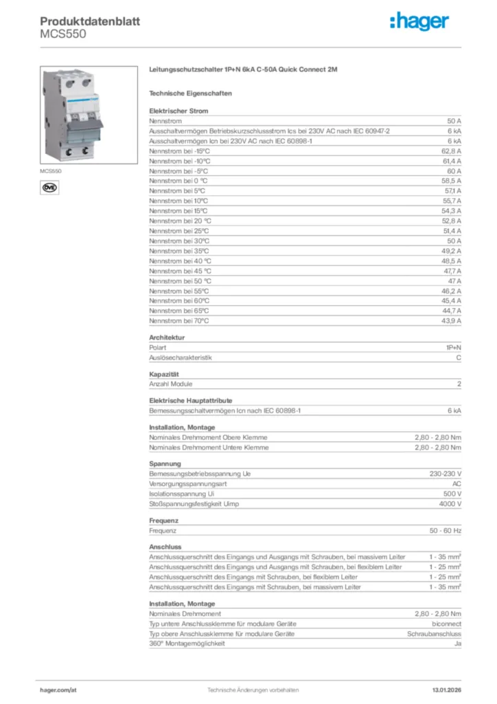 Bild Hager Produktdatenblatt MCS550 | Hager Deutschland