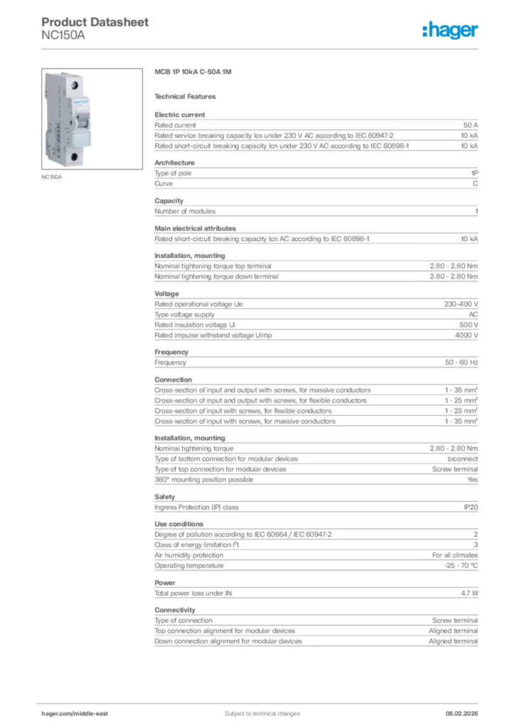 Image Hager Product data sheet NC150A  | Hager
