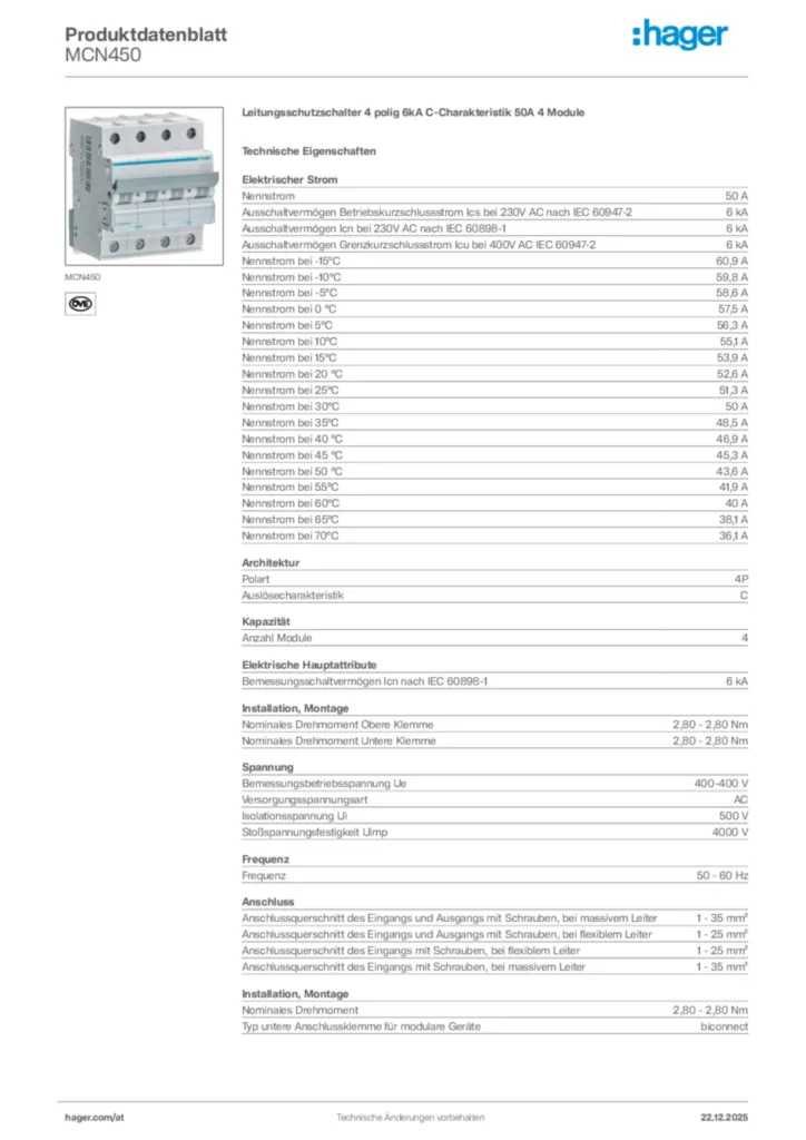 Bild Hager Produktdatenblatt MCN450 | Hager Deutschland