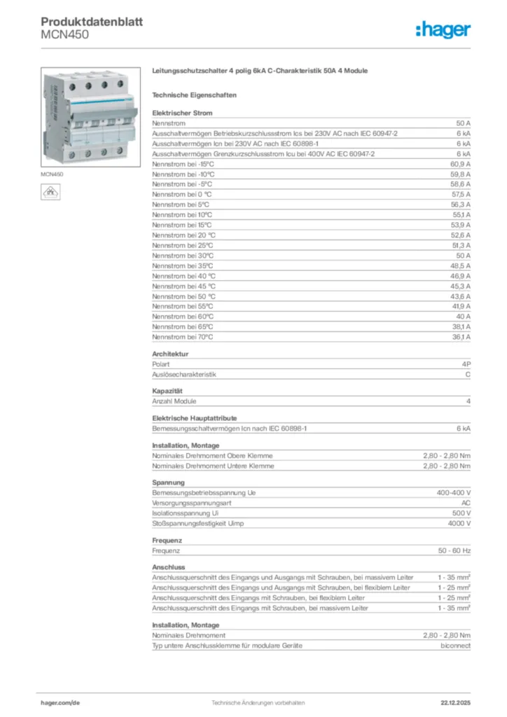 Bild Hager Produktdatenblatt MCN450 | Hager Deutschland